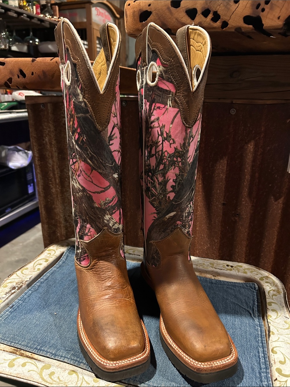 Justin Brown Leather with Pink Camo rugged snake boot.